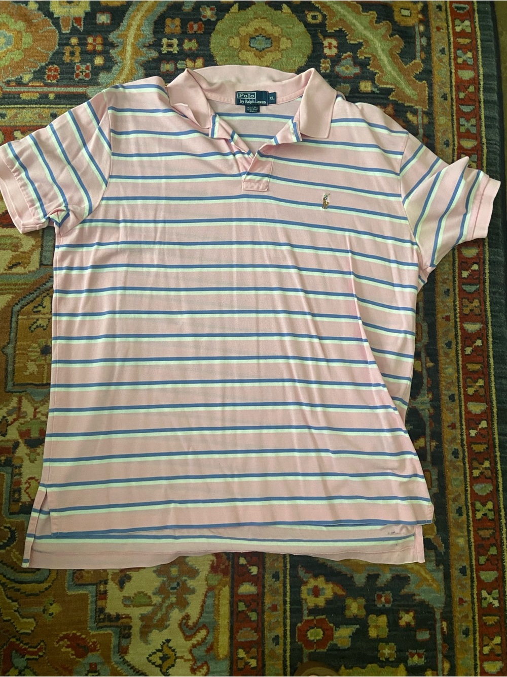 Ralph Lauren Pink Striped Polo with Blue & Green Accents